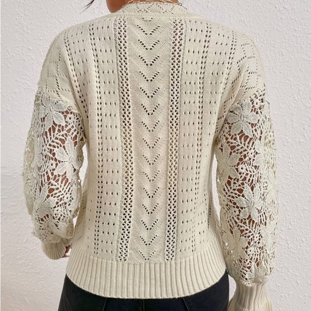 TOASTED ALMOND Pointelle Knit Floral Crochet Lace Sleeve Sweater SMALL - Picture 3 of 4